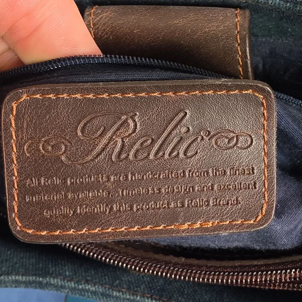 Relic Denim Leather Purse Embroidered Arts & Crafts Design Women's Handbag